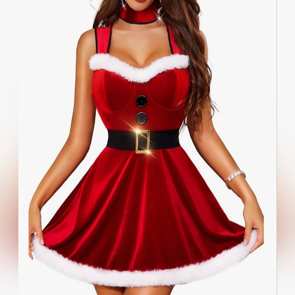 RSLOVE Santa Babydoll Velvet Christmas Dress Costume Red Size Small